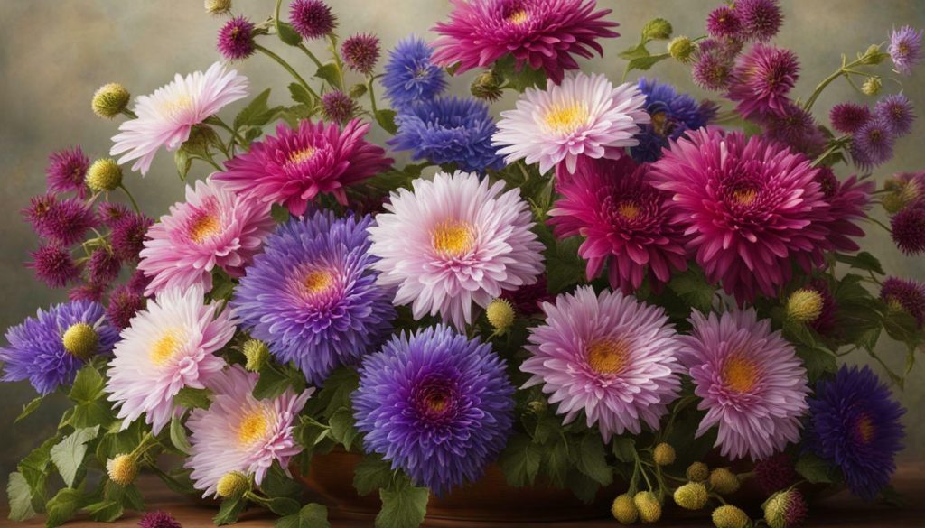 A stunning bouquet of asters and morning glories