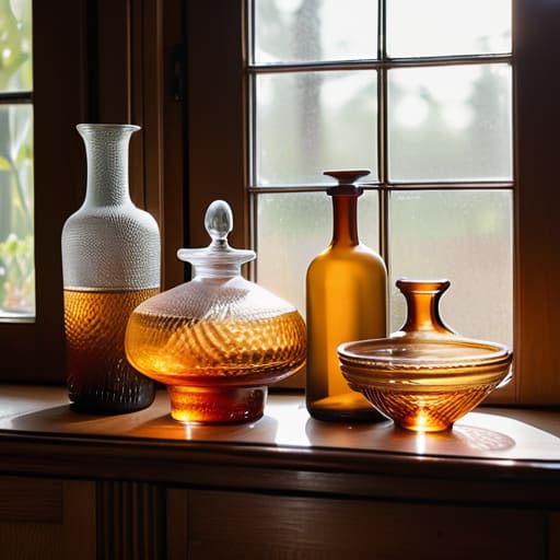 Curated thrifted glassware displays on sideboard.