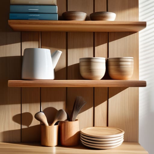 Vintage cookbooks on rustic floating shelves.
