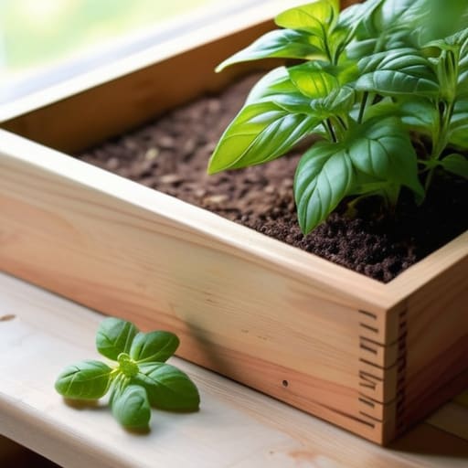 A minimalist herb planter made of wood.
